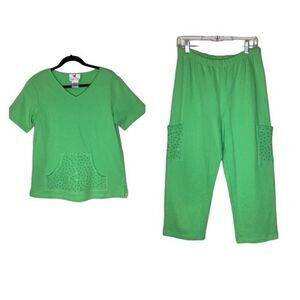 Quacker Factory Green Cotton Sequin Embellished Two Piece Jogger Set Size S